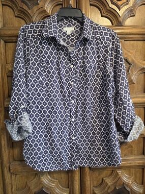 Charter Club Navy and White Geometric Button-Down Shirt - 100% Linen